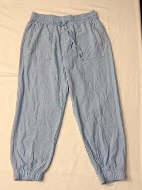 Serra Linen Blend Blue Jogger Pants Size M Drawstring Zip Pockets